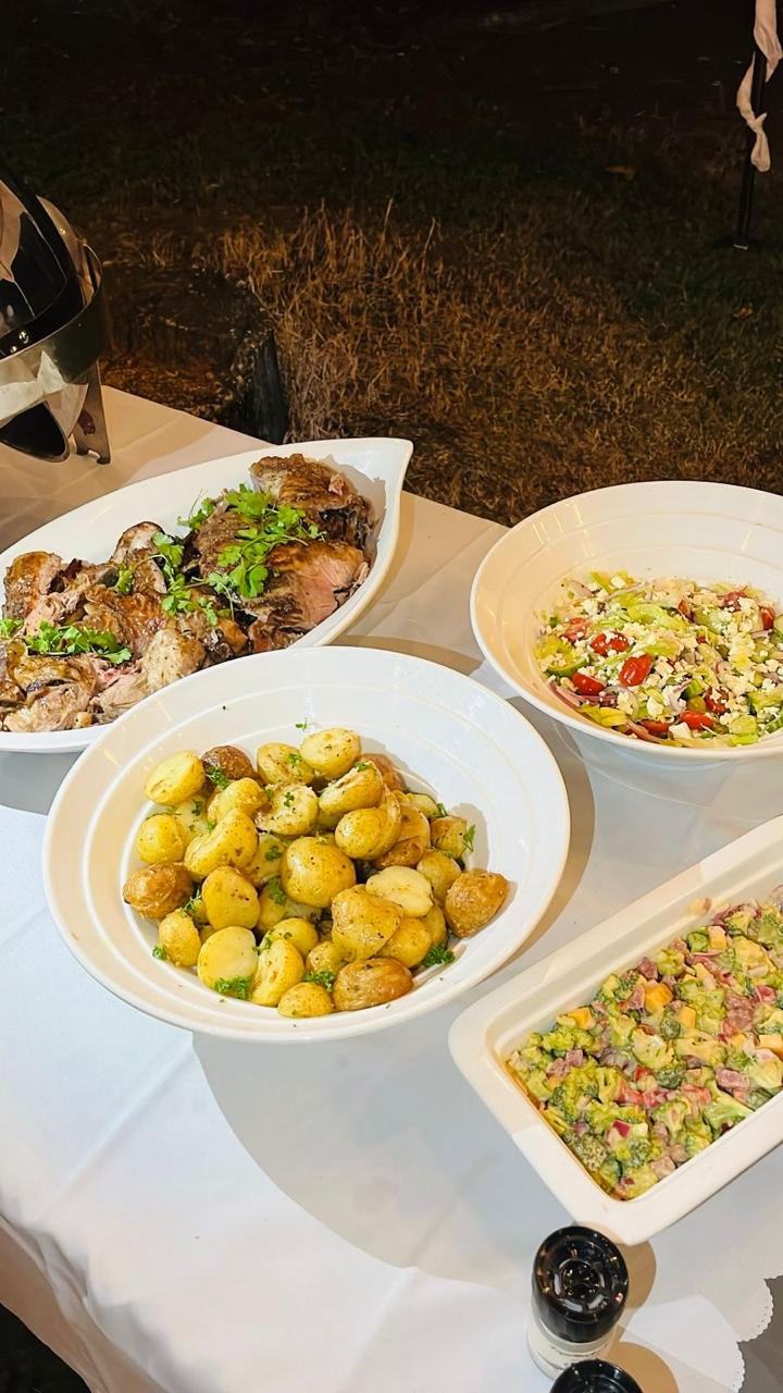 Buffet catering in Barberton: roast meat, baby potatoes, Greek salad and broccoli salad